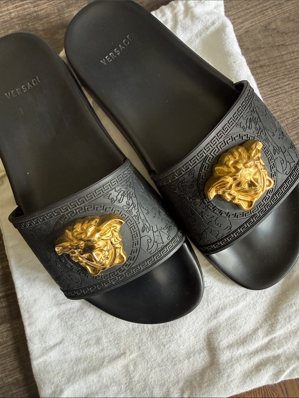 Versace Black Slides with Gold Medusa Plaque Size 10